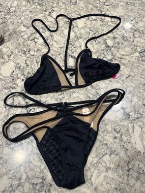 Black Strappy Bikini Set with Nude Lining